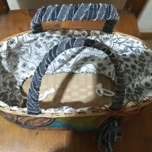 新作！アフリカ布とデニムと一閑張りのコラボ！クラフトバック内布付き