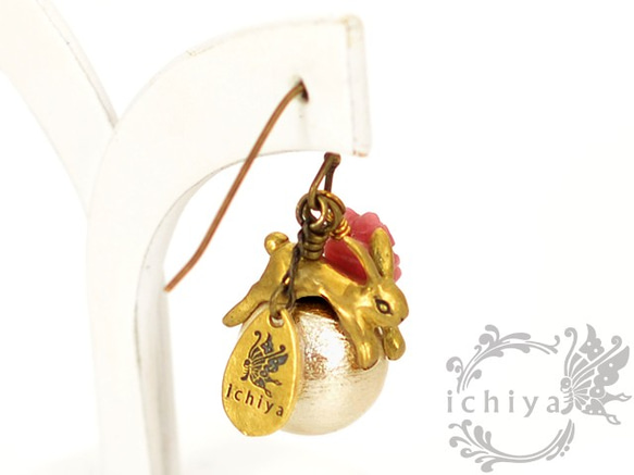 棉花珍珠和羅斯兔子耳環（耳環） 第4張的照片