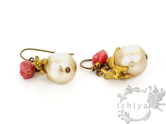 棉花珍珠和羅斯兔子耳環（耳環） 第5張的照片