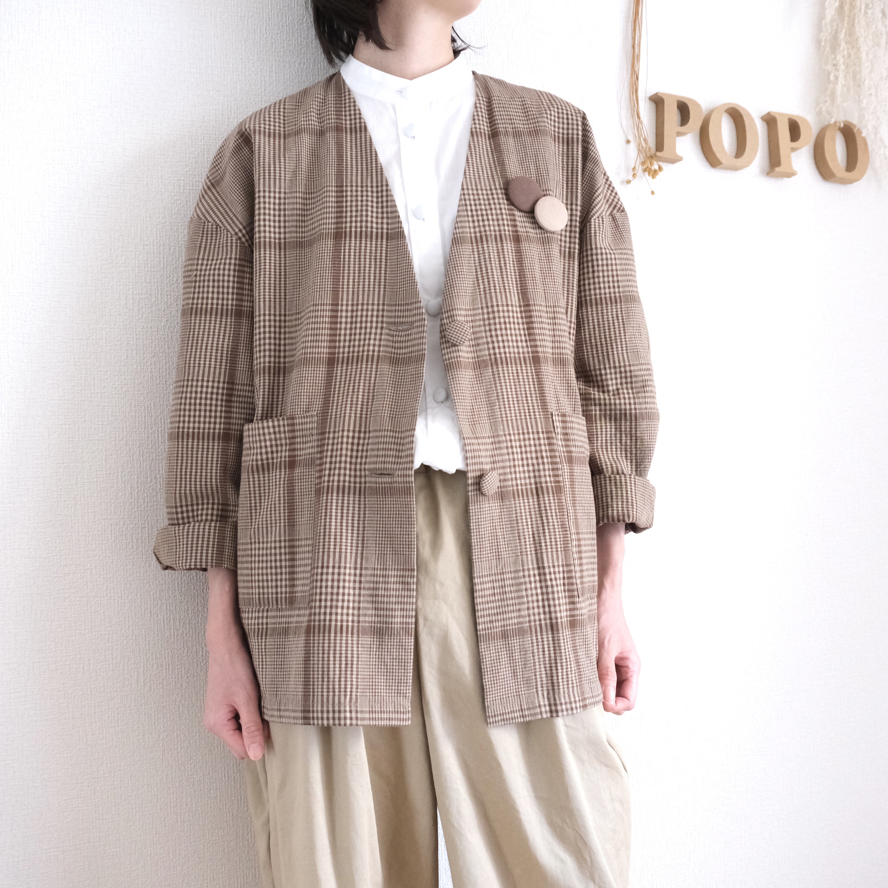 リネンチェック　ノーカラーシャツジャケット