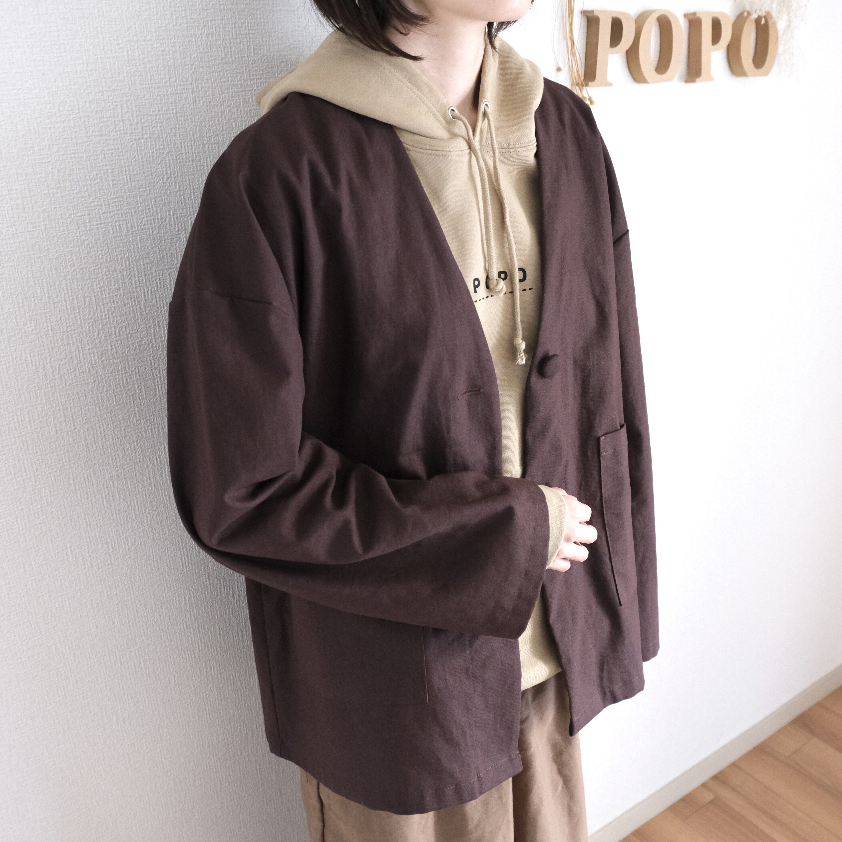リネン　ノーカラージャケット　ブラウン