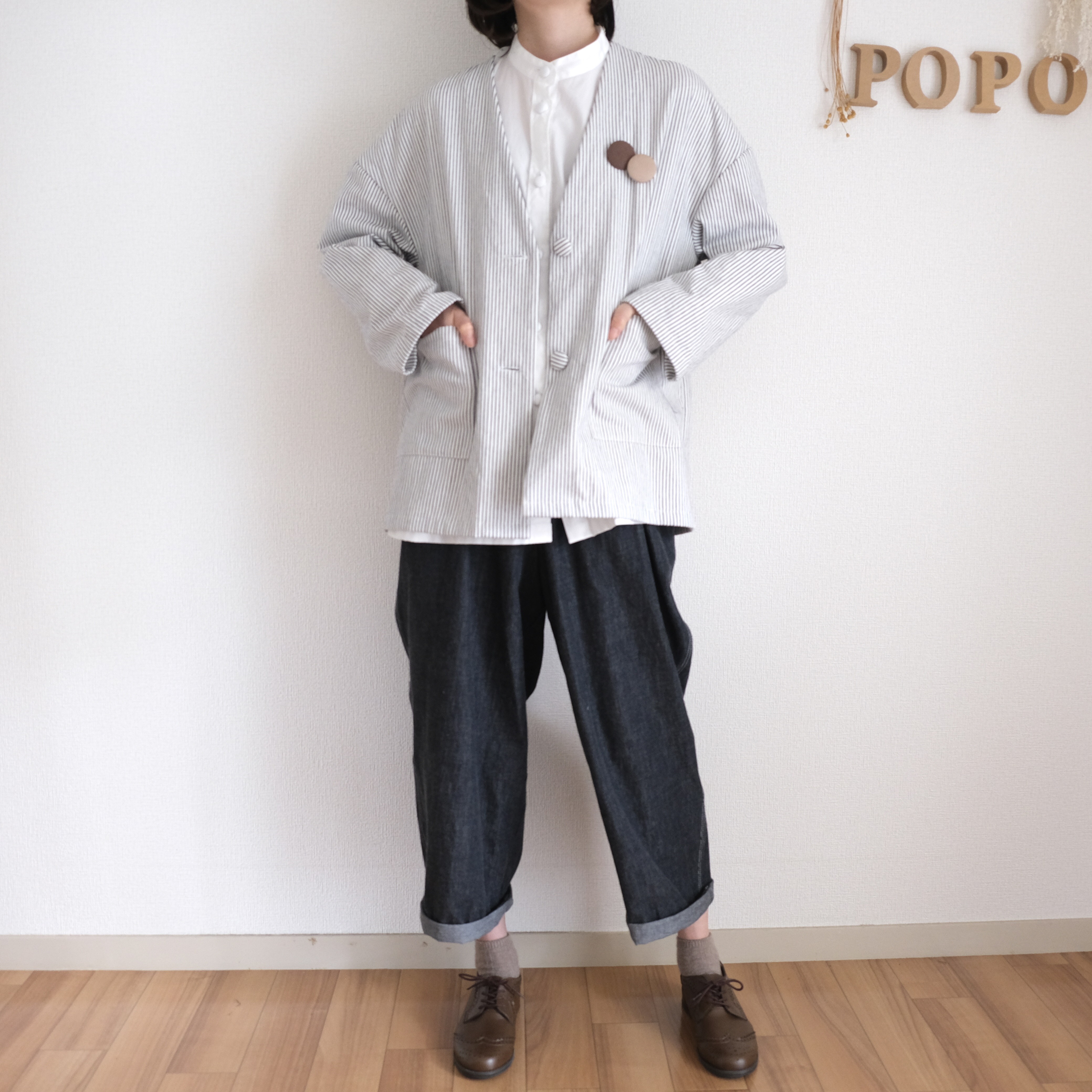 ヒッコリーデニム　ノーカラージャケット