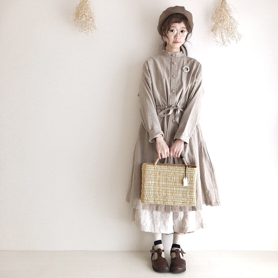 ギャザーワンピース　コート　コットンリネン