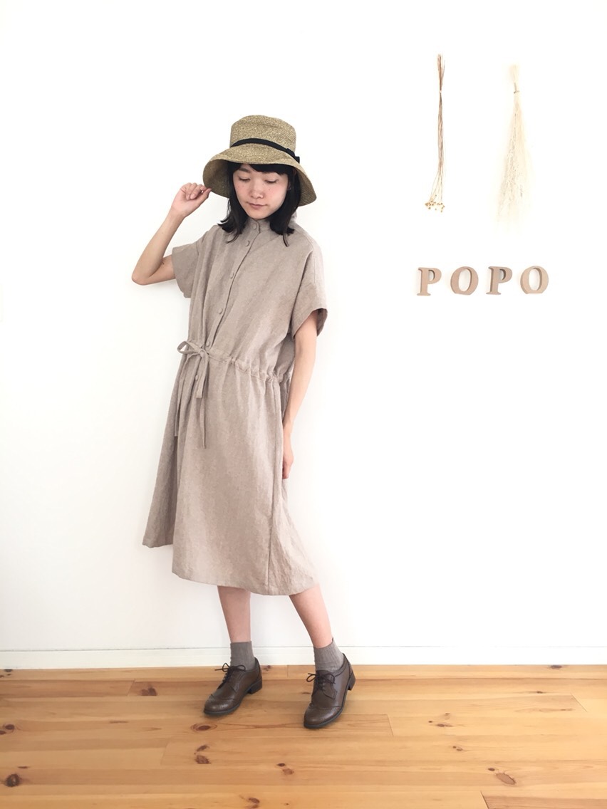 シャツワンピース　ギャザーワンピース　　コットンリネン 半袖