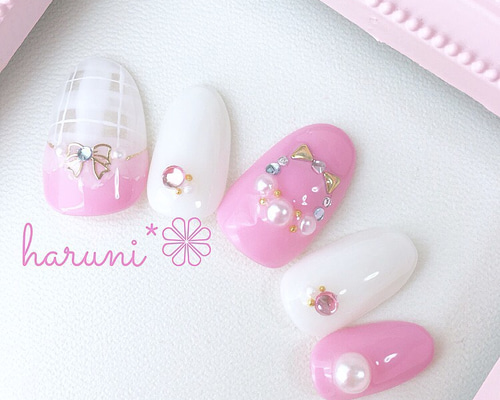 チェック×リボン ネイルチップ 99781cc359eb85dd479a26a8048b91