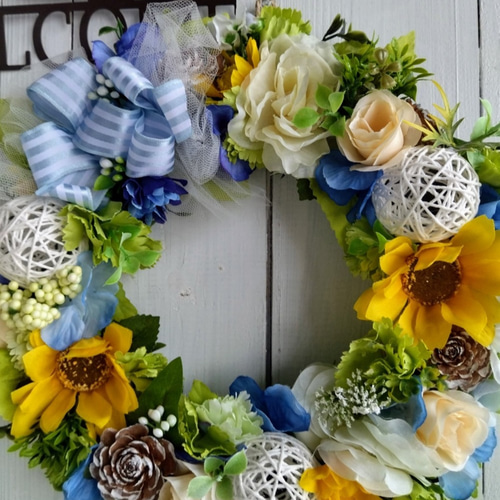 商品名【柚夏】ゆきこ♥華やか！向日葵の花束風スワッグリース＊夏リース 商品名【柚夏】ゆきこ♥華やか！向日葵の花束風スワッグリース