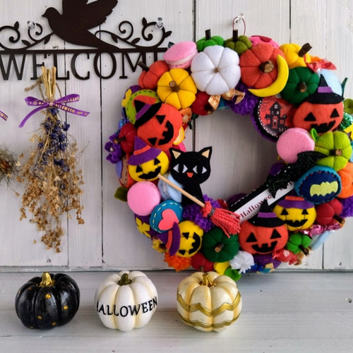 ハロウィンリース 大きなハロウィンリース 優しいフェルトのハロウィン