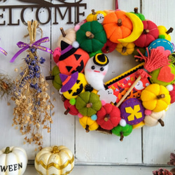 ハロウィン カラフルなフェルトカボチャのハロウィンリース4 リース