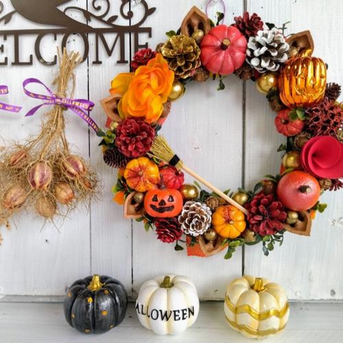 ハロウィンリース　壁飾り　カボチャ ハンドメイド 楽天市場】ハロウィンリース ハロウイン 屋外 花 カボチャ かぼちゃ 秋