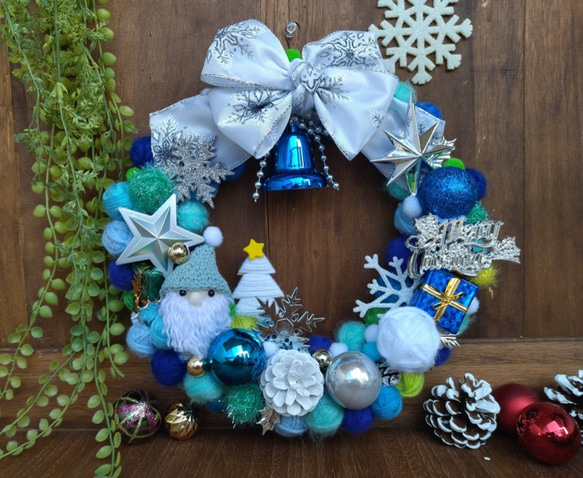 40〕毛糸玉リース クリスマスリース (ブルー系)