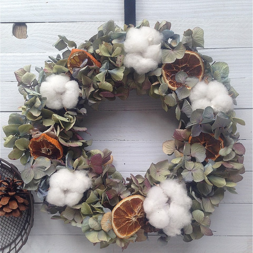 コットンフラワーと紫陽花のナチュラルリース リース miyu60 通販