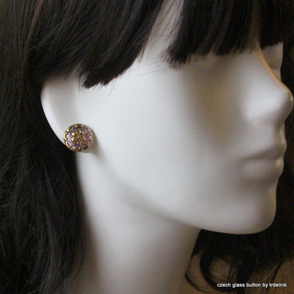 [耳環]捷克玻璃按鈕耳環寶石甲蟲粉紅銀 第4張的照片