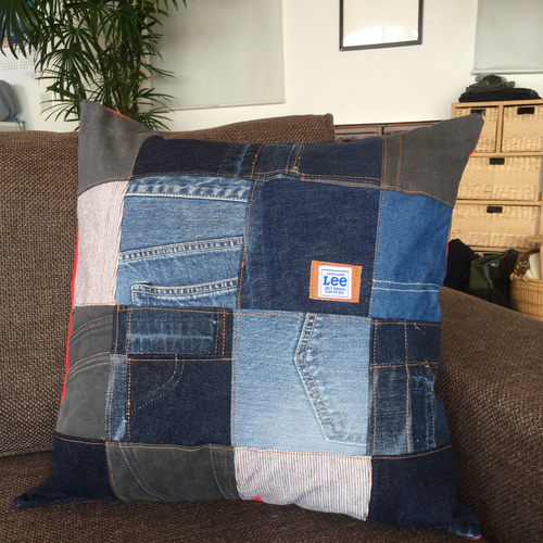 デニムリメイク クッションカバー パッチワーク ハンドメイド d