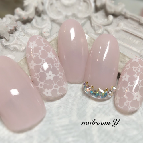 フラワーレース/レースネイル/ピンクネイル/ブライダルネイル/結婚式