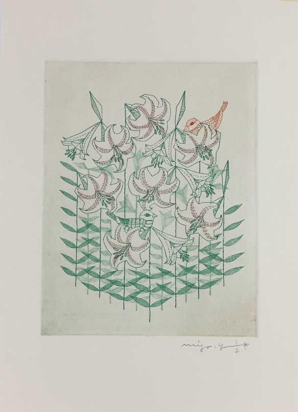 「笹ゆりの白い花咲く隠りの山で、白い小鳥もかくれんぼ」木製額 5枚目の画像