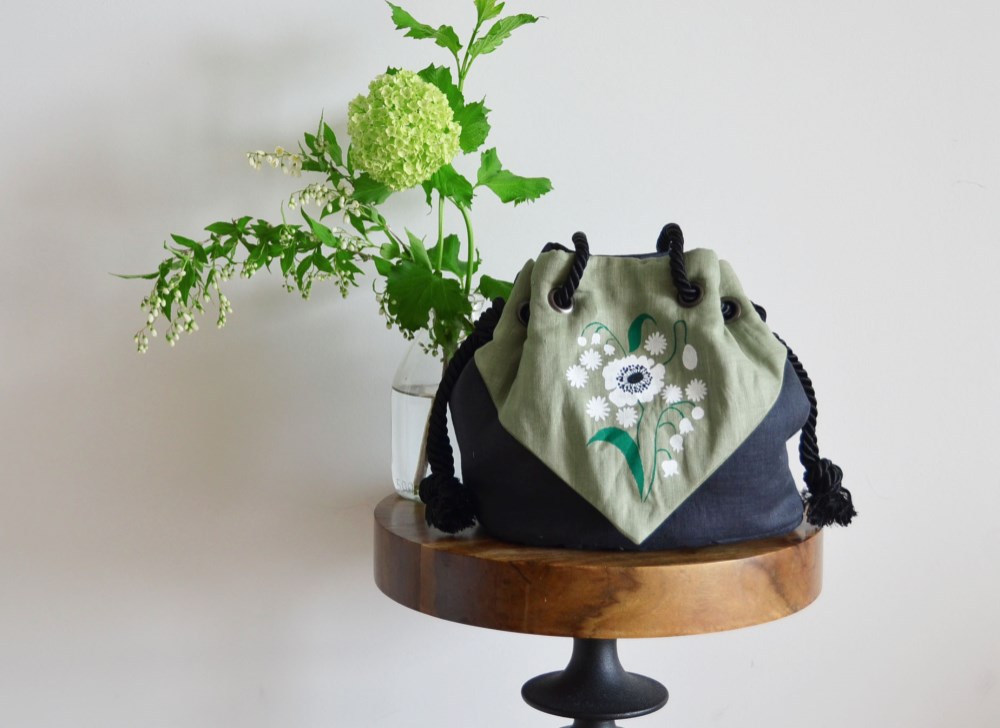 ミュゲ　スカーフリネンマリンバッグ　ブラック×カーキ