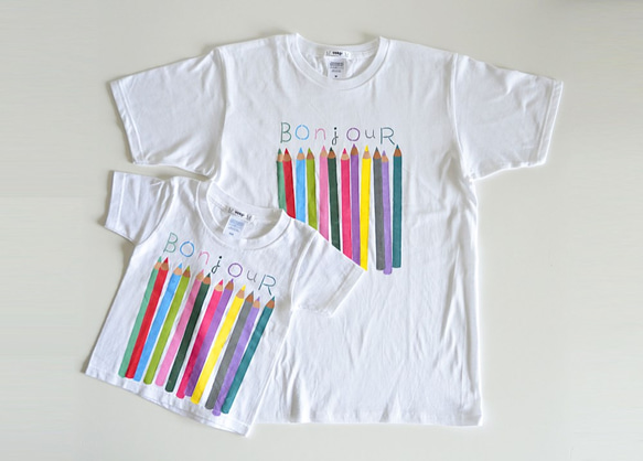セット購入でお得　PaPaとKidsのおそろい色えんぴつTシャツセット 親子リンクコーデ ホワイト【夏の福袋】父の日にも 2枚目の画像