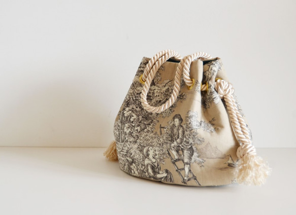 数量限定！トワルドジュイ サテンロープ マリンバッグ サンドベージュ（Toile de Jouy） 和装や浴衣にも！ マリンバッグ サテンロープ de Jouy et