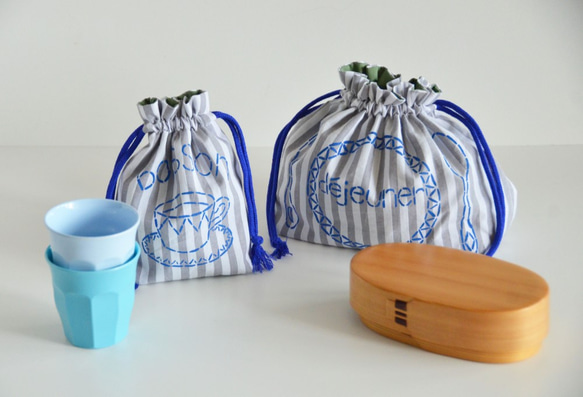 コップ袋＆お弁当袋セット ストライプグレー  入園入学グッズ・お習い事に　名入れ無料　 3枚目の画像