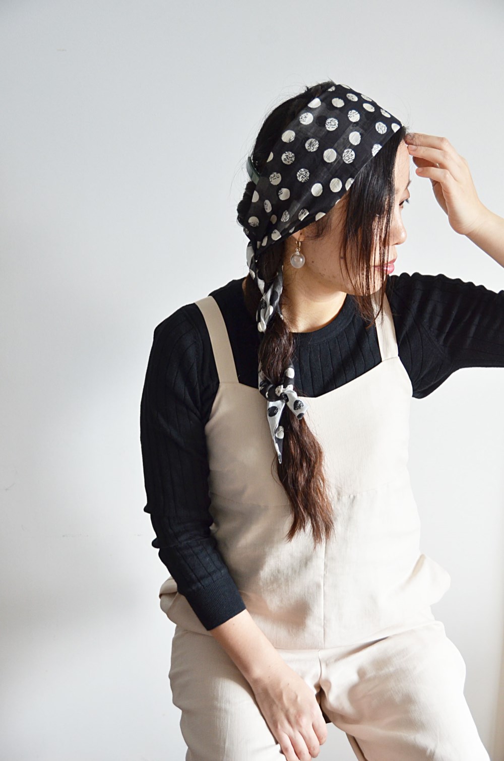 クリーマ限定！ ドット柄　3wayヘアバンド 　簡単アレンジでいろいろなコーデに ブラック×ホワイト