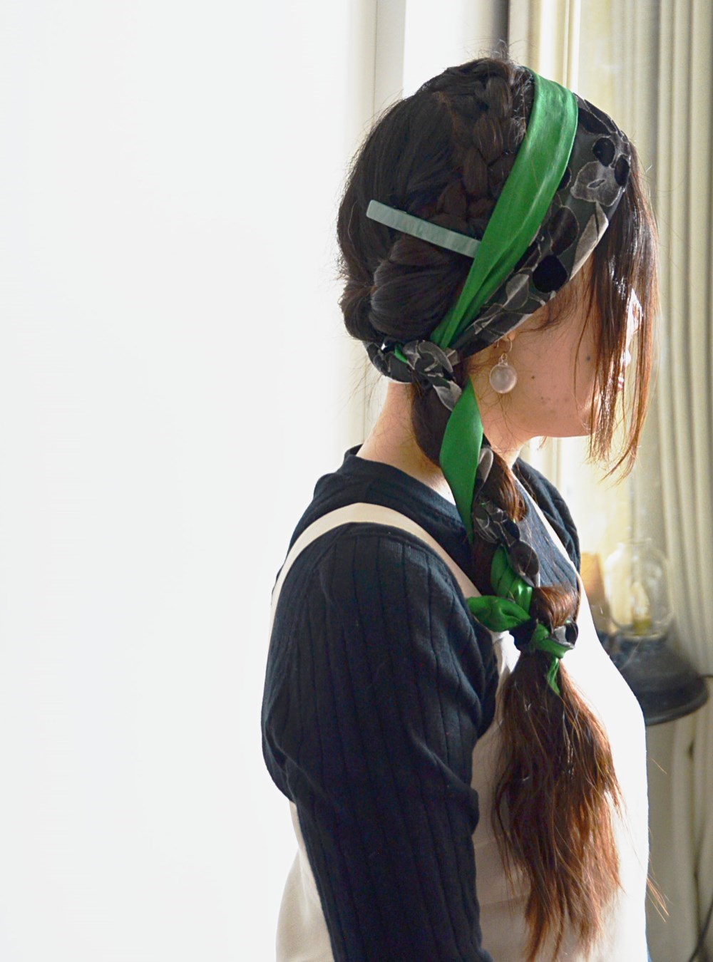 新作!! 数量限定!　3wayヘアバンド　ターバン　ベロアオパール加工×シルク　グリーン