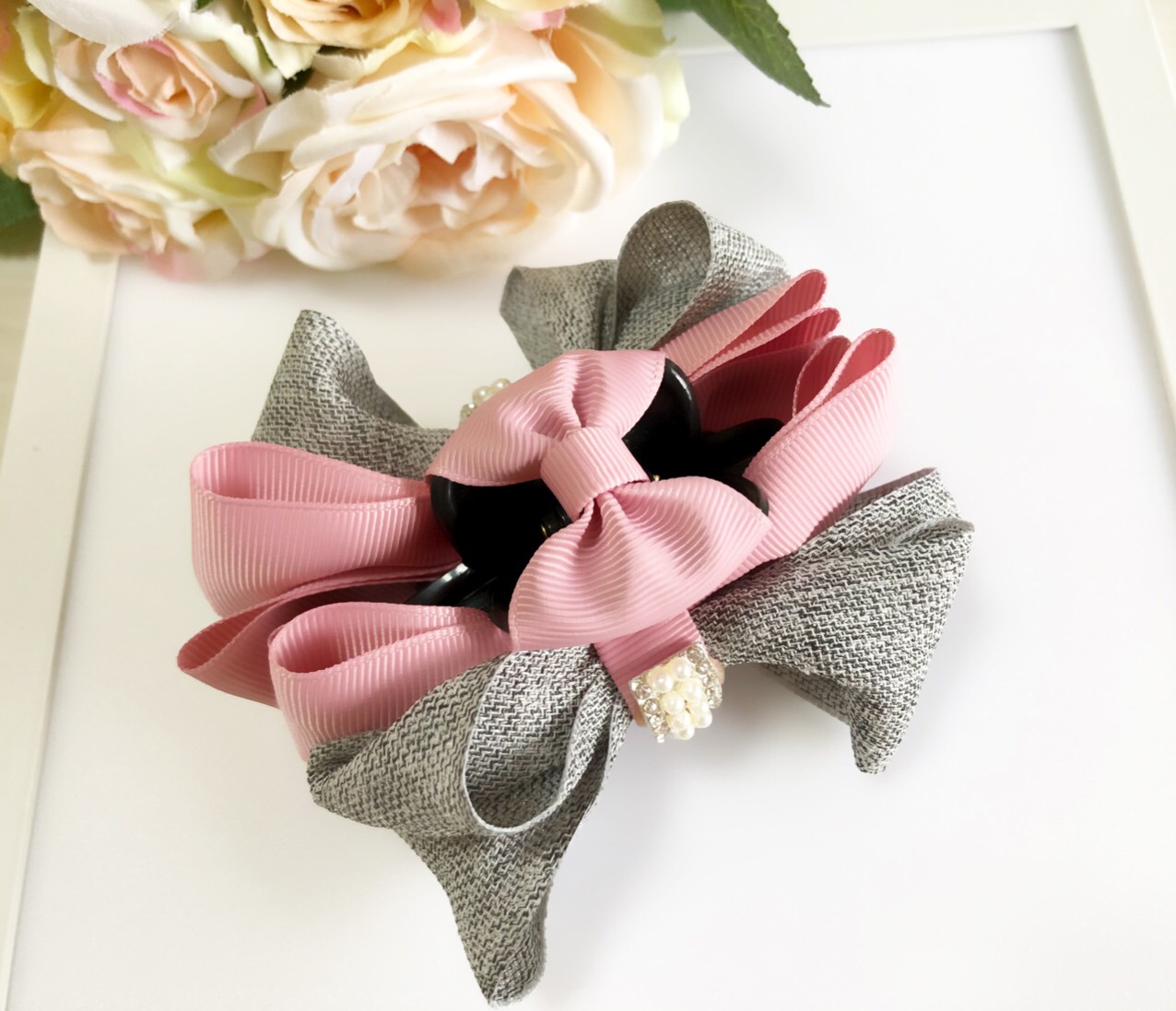 ブラックメッシュリボンヘアクリップ メッシュリボンのバンスクリップ ピンク&ブラック ヘアクリップ