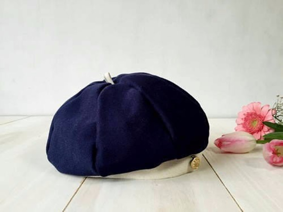 春SALE!｛30％OFF｝Cootonknit-Beret / Navy×Ivoryコットン天竺 春夏ベレー 5枚目の画像