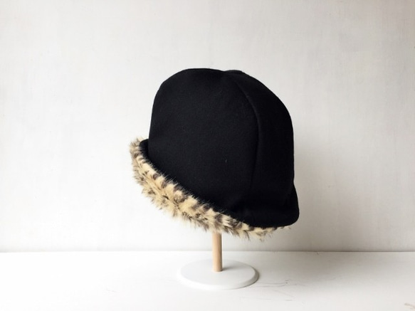 HELMA HAT｜LEOPARD FUR EAR【M】ブラックウール&レオパード柄エコファー コンビハット 3枚目の画像