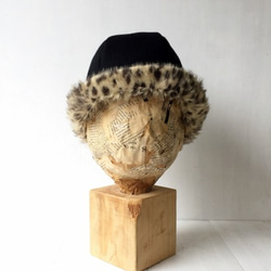 HELMA HAT｜LEOPARD FUR EAR【M】ブラックウール&レオパード柄エコファー コンビハット 7枚目の画像