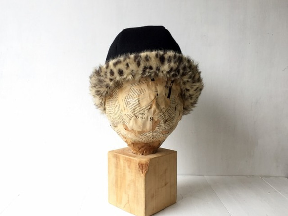 HELMA HAT｜LEOPARD FUR EAR【M】ブラックウール&レオパード柄エコファー コンビハット 7枚目の画像