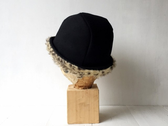 HELMA HAT｜LEOPARD FUR EAR【M】ブラックウール&レオパード柄エコファー コンビハット 8枚目の画像