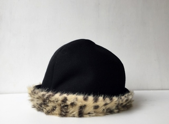 HELMA HAT｜LEOPARD FUR EAR【M】ブラックウール&レオパード柄エコファー コンビハット 10枚目の画像