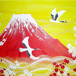 日本画　「紅白梅と富士山」 　油彩　風水画 1枚目の画像