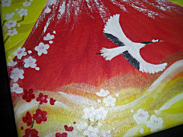 日本画　「紅白梅と富士山」 　油彩　風水画 3枚目の画像