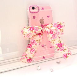 縁結び♡iPhone7ケース&iPhone8ケース スワロフスキーとバラ柄オーガンジーリボン 3枚目の画像