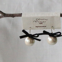 [SALE] 棉質珍珠絲帶耳環（耳環）14mm 黑色 第1張的照片