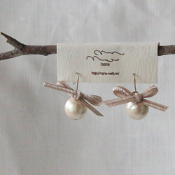 【SALE】棉質珍珠絲帶耳環（耳環）12mm粉頁 第1張的照片