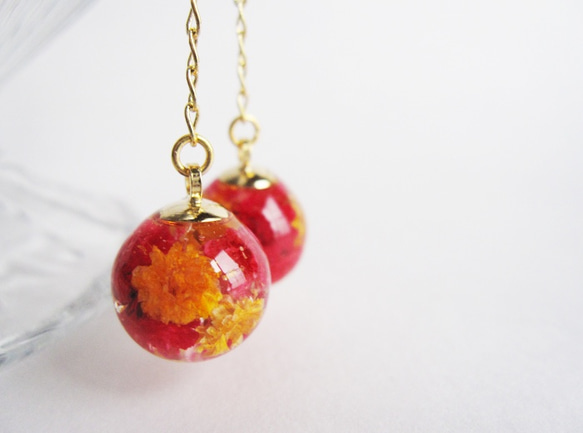 【受注制作】花球チェーンピアス　red✴︎orange 3枚目の画像