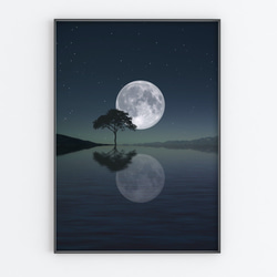 ビンテージ　VOGUE MOON 木製プレートポスター　アートポスター　絵画 One moon and tree｜月と木の静かな風景 アートポスター｜フレーム付き