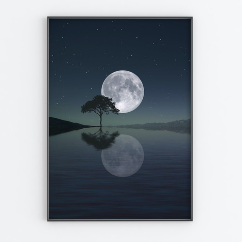 One moon and tree｜月と木の静かな風景 アートポスター｜フレーム付き