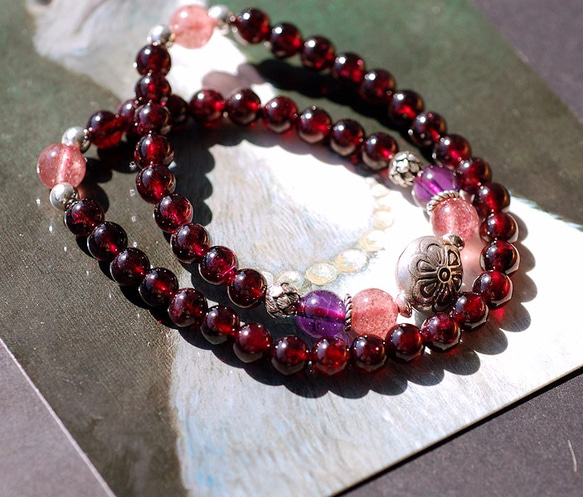 紅石榴*紫水晶*草莓晶純銀花朵雙圈手鍊 第4張的照片