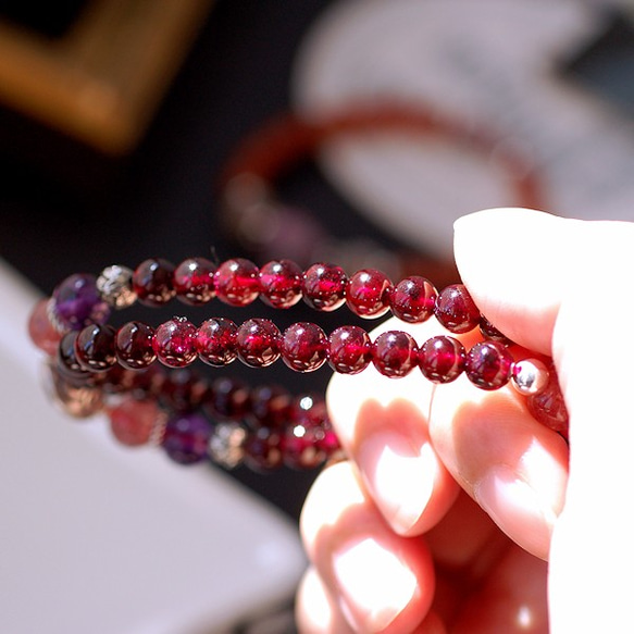 紅石榴*紫水晶*草莓晶純銀花朵雙圈手鍊 第6張的照片