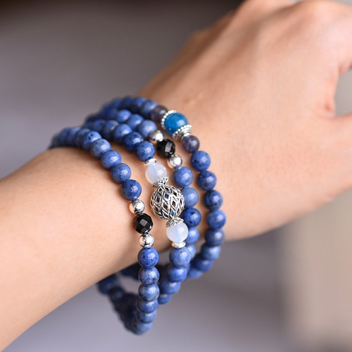 藍線石+月光石+堇青石+磷灰石108顆念珠/佛珠項鍊/多圈手鍊手鍊