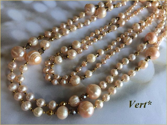 Sold【Vermeil】スワロ×ライトサーモンピンクライン入り淡水パールグリフィンロングネックレス2 5枚目の画像