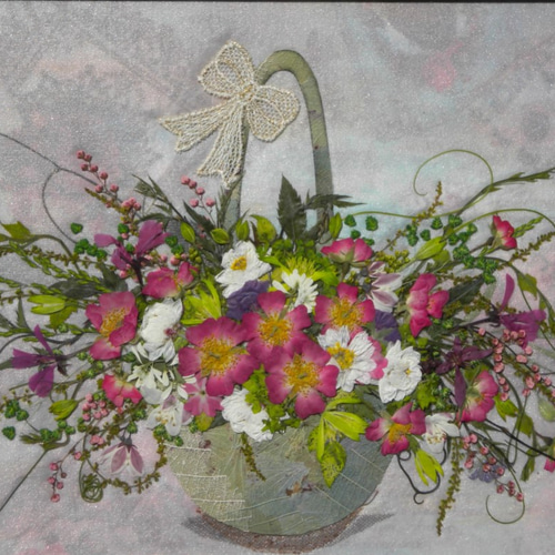 押し花絵画　押し花アート(薔薇)　ハンドメイド 押し花アート ミニ薔薇の花かごデザイン その他アート 明日果