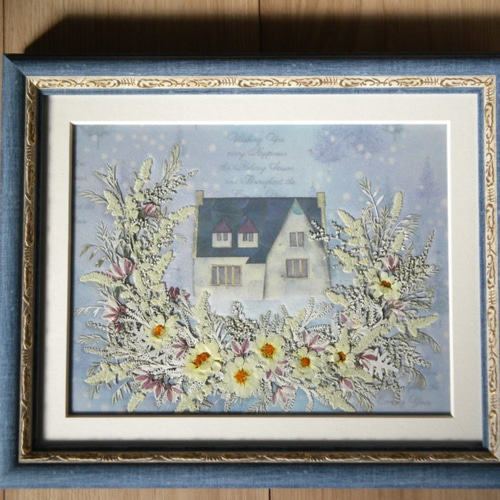 押し花アート 青い屋根のおうち （押し花絵） その他アート 明日