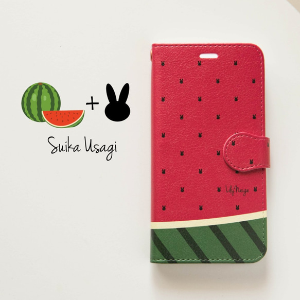 スイカとうさぎのスマホケース　手帳型　夏　ウサギ　すいか 1枚目の画像