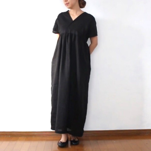現行品♡着丈約120 かぐれ リネンギャザーシャツ ロングワンピース 黒 上質なリネン ギャザーロングワンピース ドレス ブラック 黒 丈長さ