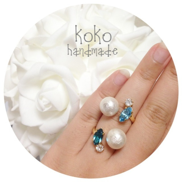 swarovski&cotton pearl fork ring 3枚目の画像