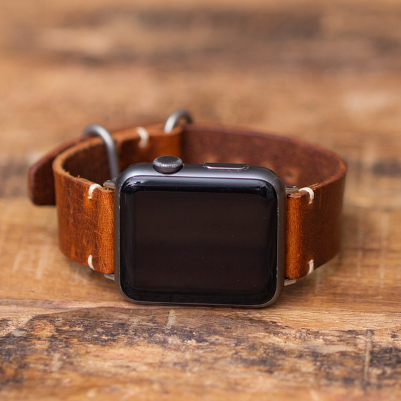 AW1 [新品] 棕色義大利皮革錶帶 適用於 Apple Watch Series 7 相容 第1張的照片